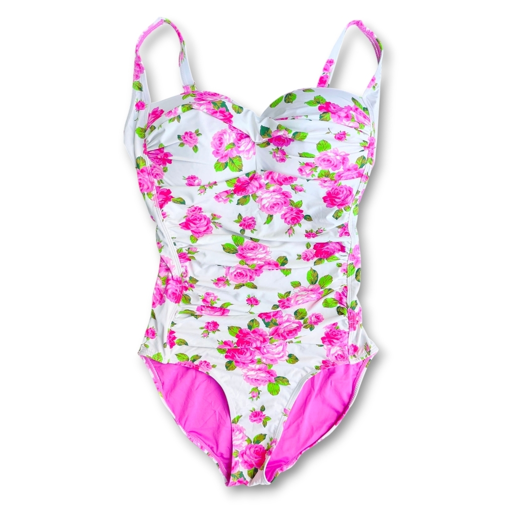 Betsey Johnson Love Always Ruched Roses Pink Pin Up Retro One Piece Swimsuit